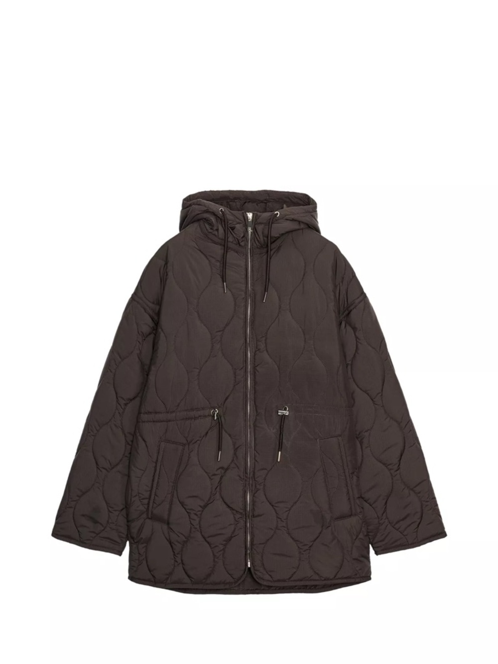 Zara Dark Brown Quilted Hooded Pea Coat